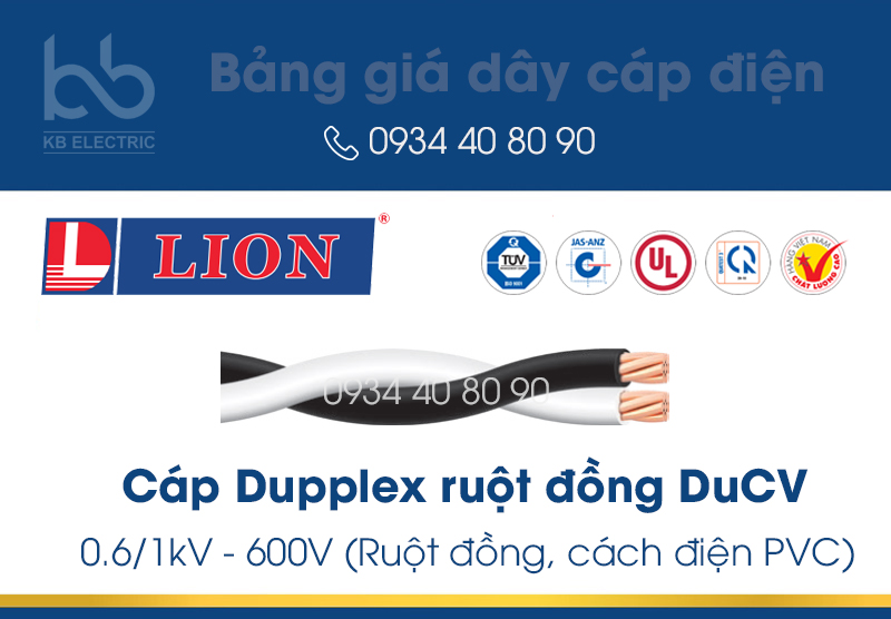 Bảng giá cáp Dupplex ruột đồng DuCV Lion : 0.6-1kV - 600V (Ruột đồng, cách điện PVC)