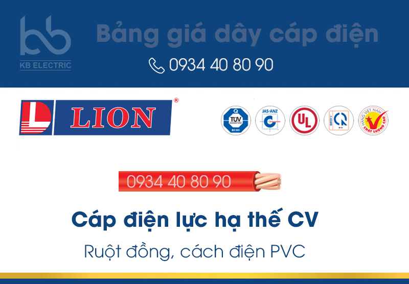 Bảng giá cáp điện lực hạ thế CV Lion : Ruột đồng, cách điện PVC