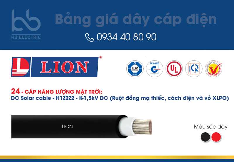 Bảng giá cáp năng lượng mặt trời DC Solar cable Lion : DC Solar cable - H1Z2Z2 