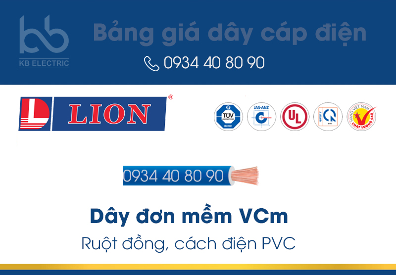 Bảng giá dây đơn mềm VCm Lion : Ruột đồng, cách điện PVC