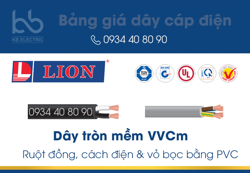 Bảng giá dây tròn mềm VVCm Lion : Ruột đồng, cách điện & vỏ bọc bằng PVC