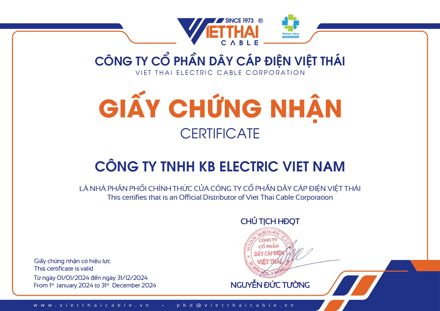 Chứng nhận đại lý cáp điện Việt Thái