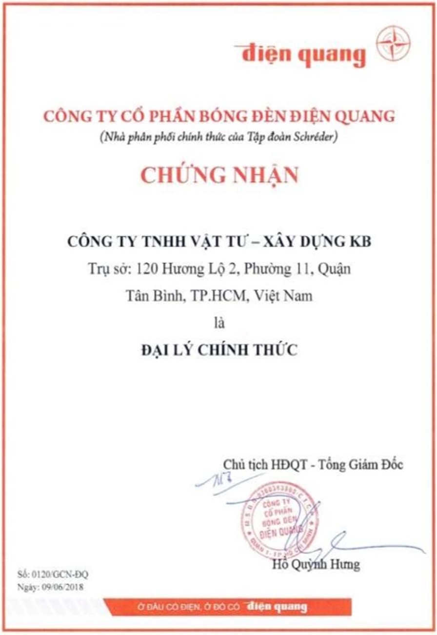 Chứng nhận đại lý chính thức của Điện Quang