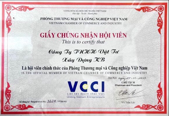 Chứng nhận hội viên Phòng Thương Mại và Công Nghiệp Việt Nam của KBElectric