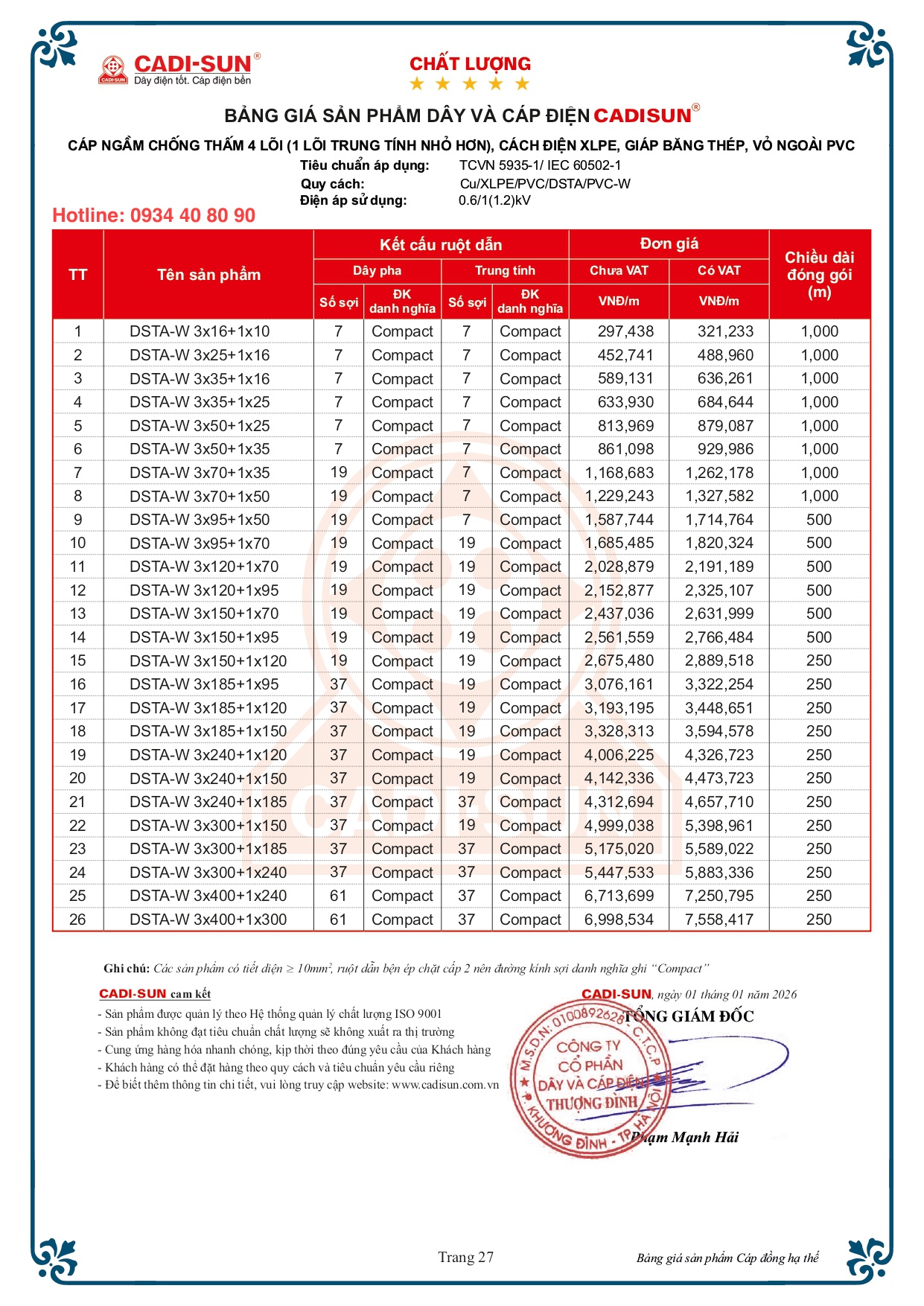 Bảng giá cáp đồng ngầm chống thấm Cadisun nhiều ruột mã DSTA-W Bảng giá cáp đồng ngầm chống thấm Cadisun nhiều ruột mã DSTA-W