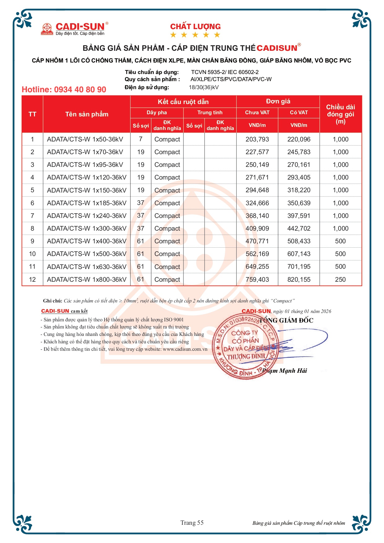 Bảng giá cáp Cadisun 1 lõi nhôm mã ADATA/CTS-W 36kV Bảng giá cáp Cadisun 1 lõi nhôm mã ADATA/CTS-W 36kV
