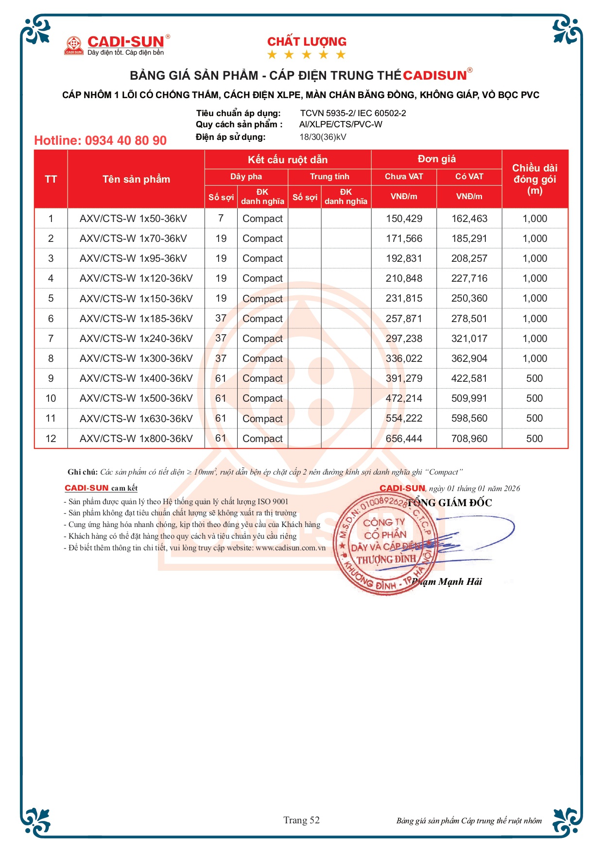 Bảng giá cáp Cadisun 1 lõi nhôm mã AXV/CTS-W 36kV Bảng giá cáp Cadisun 1 lõi nhôm mã AXV/CTS-W 36kV