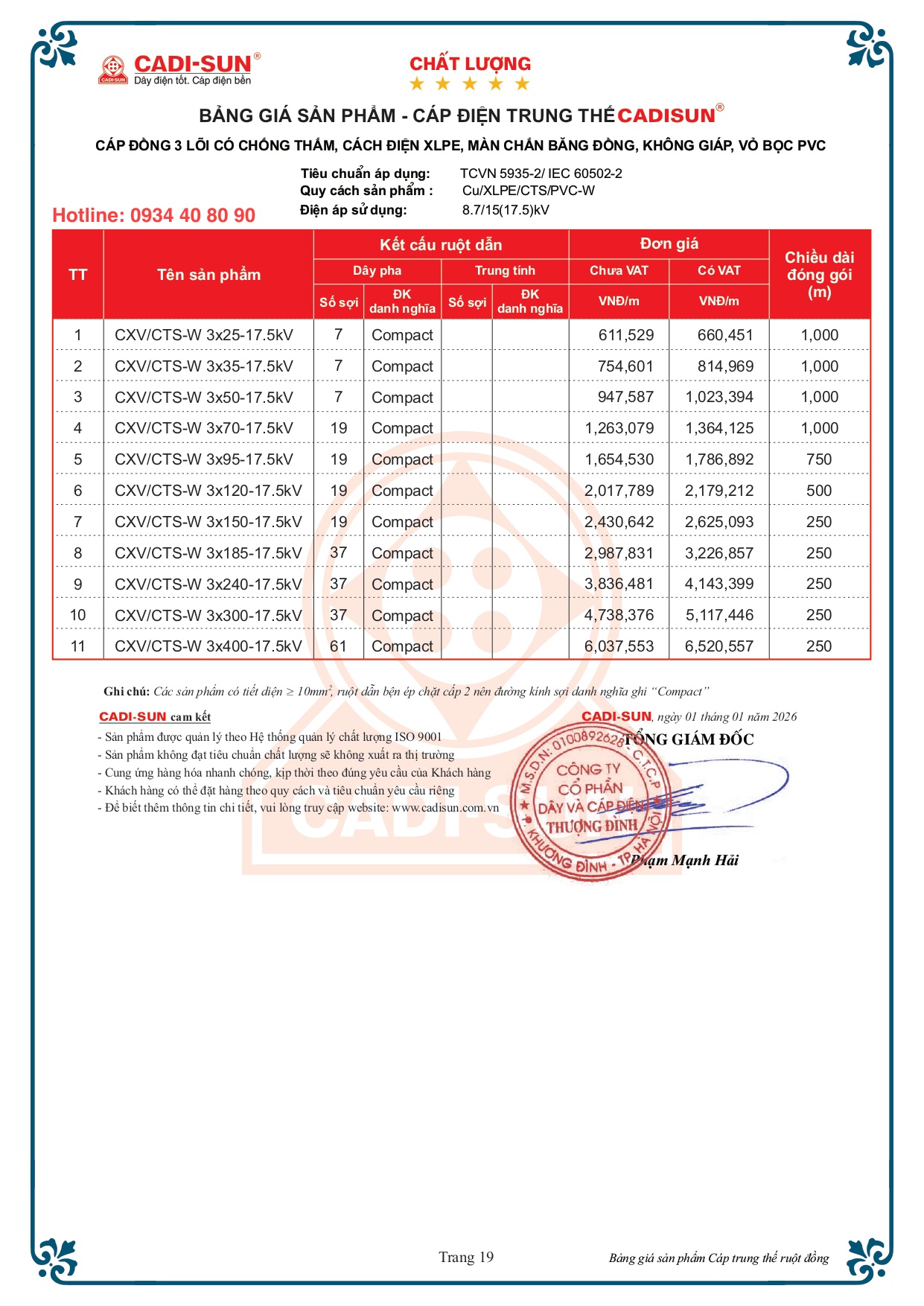 Bảng giá cáp Cadisun 3 lõi đồng mã CXV:CTS-W 2026 Bảng giá cáp Cadisun 3 lõi đồng mã CXV:CTS-W 2026