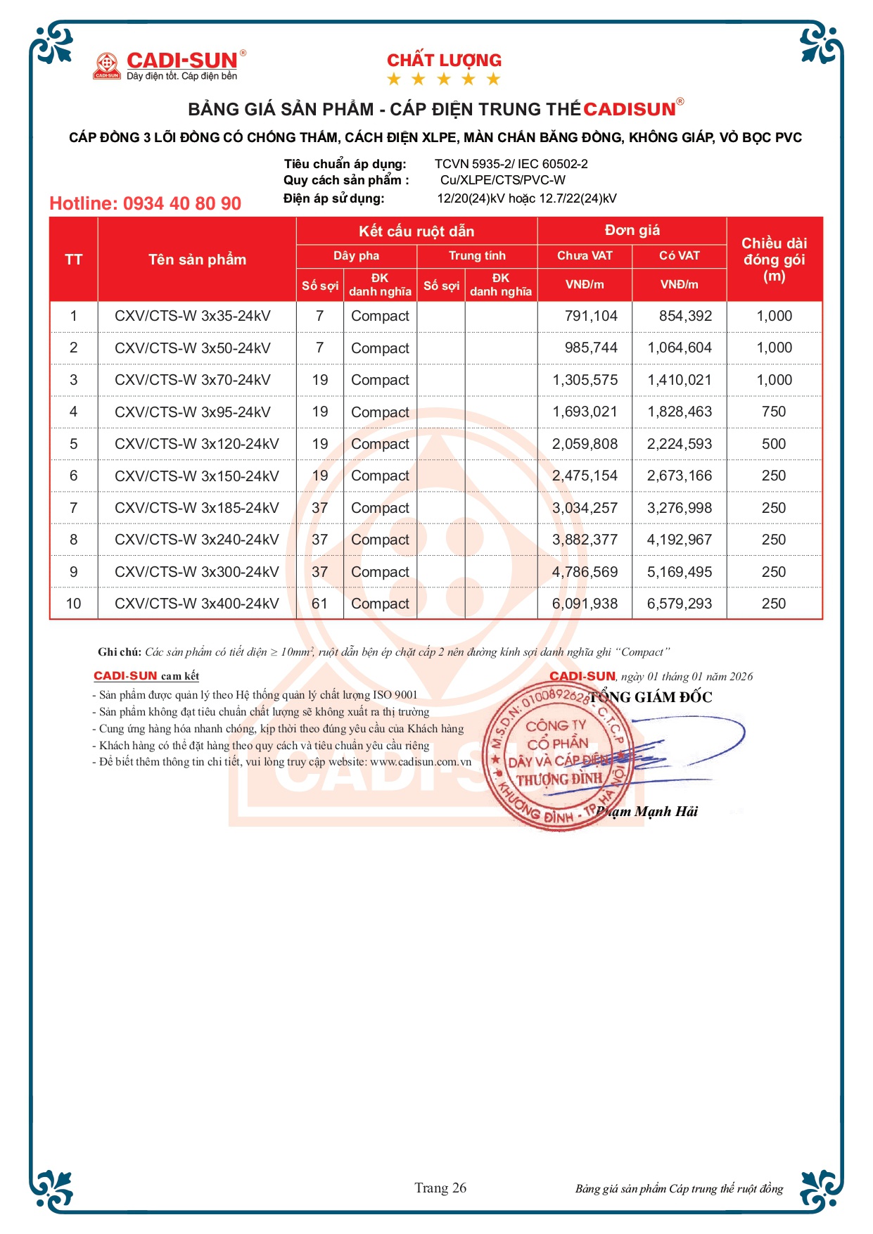 Bảng giá cáp Cadisun 3 lõi đồng mã CXV:CTS-W 2026 Bảng giá cáp Cadisun 3 lõi đồng mã CXV:CTS-W 2026