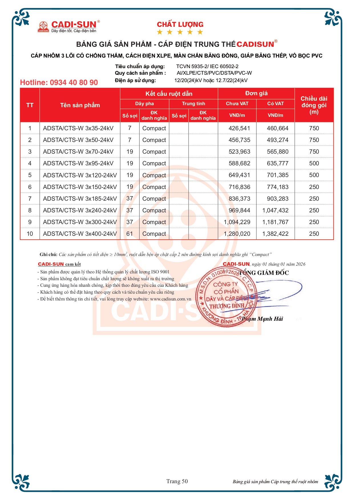 Bảng giá cáp Cadisun 3 lõi nhôm mã ADSTA/CTS-W 24kV Bảng giá cáp Cadisun 3 lõi nhôm mã ADSTA/CTS-W 24kV