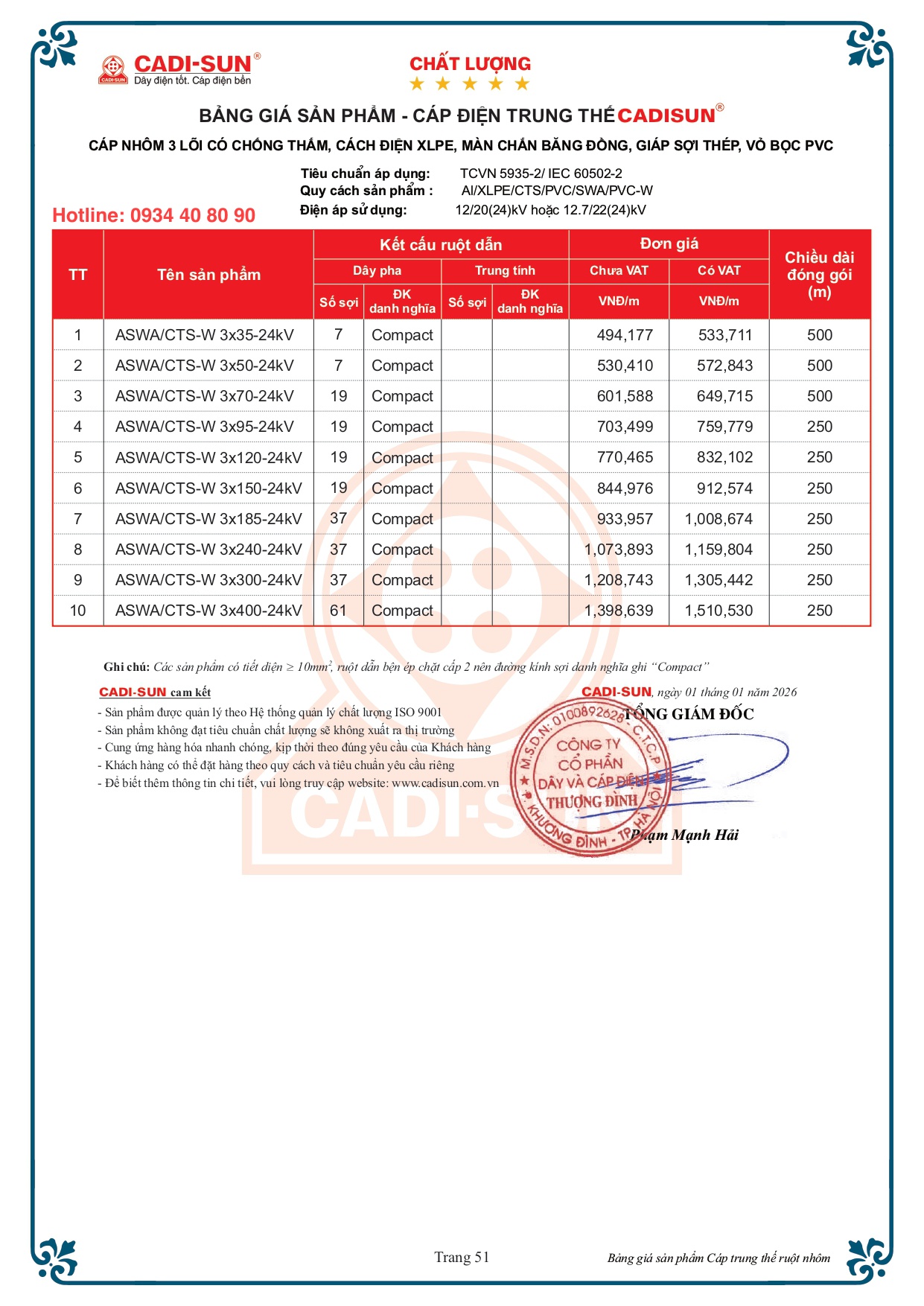 Bảng giá cáp Cadisun 3 lõi nhôm mã ASWA/CTS-W 24kV Bảng giá cáp Cadisun 3 lõi nhôm mã ASWA/CTS-W 24kV