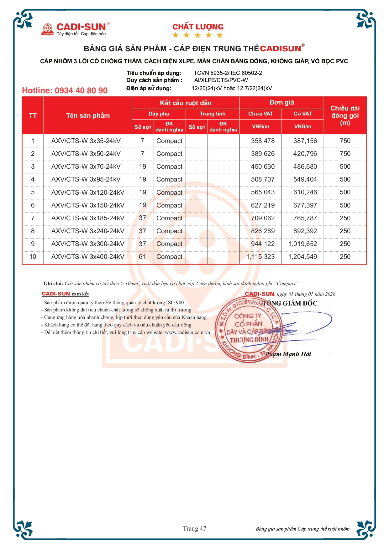 Bảng giá cáp Cadisun 3 lõi nhôm mã AXV/CTS-W 24kV Bảng giá cáp Cadisun 3 lõi nhôm mã AXV/CTS-W 24kV