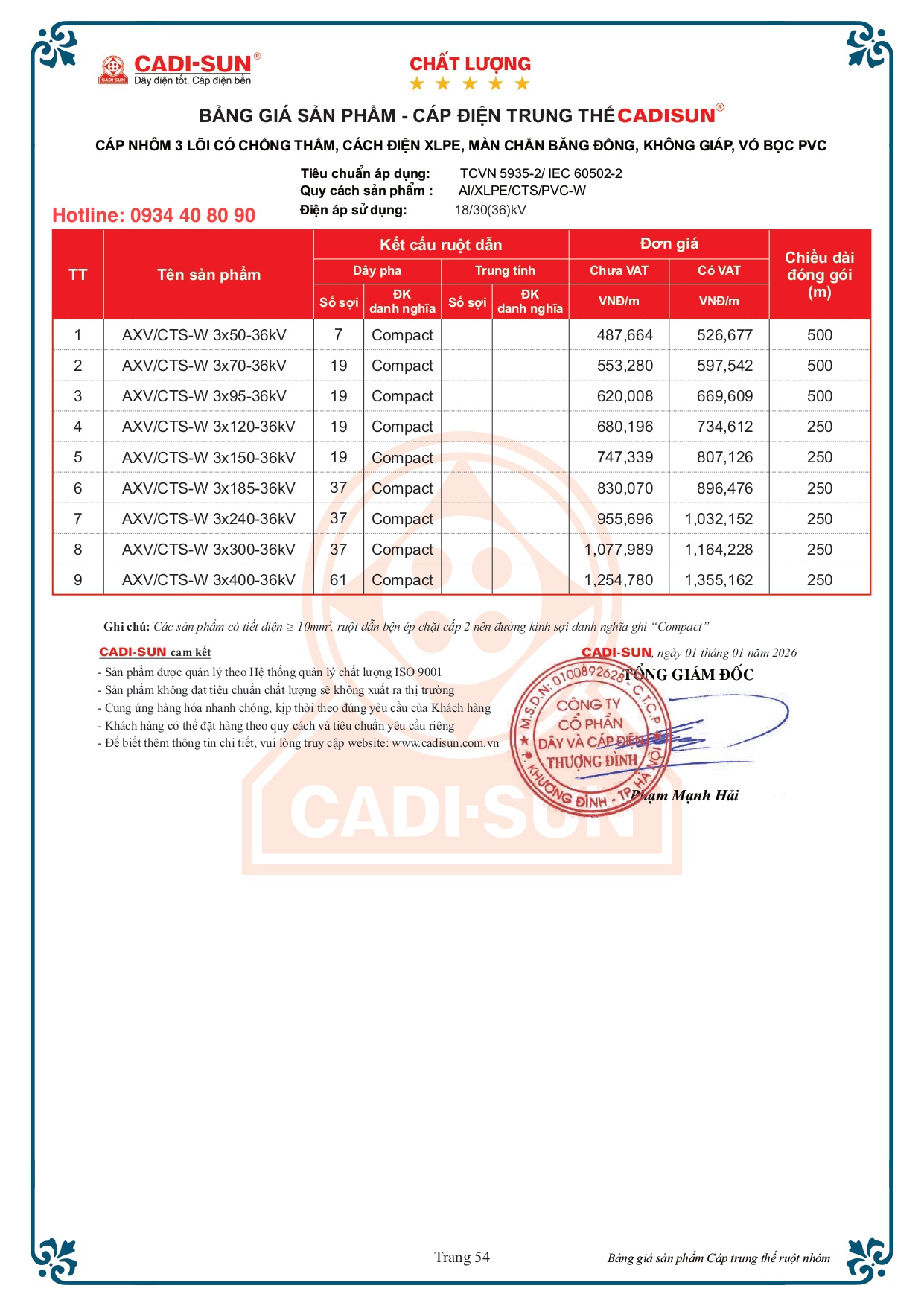 Bảng giá cáp Cadisun 3 lõi nhôm mã AXV/CTS-W 36kV Bảng giá cáp Cadisun 3 lõi nhôm mã AXV/CTS-W 36kV