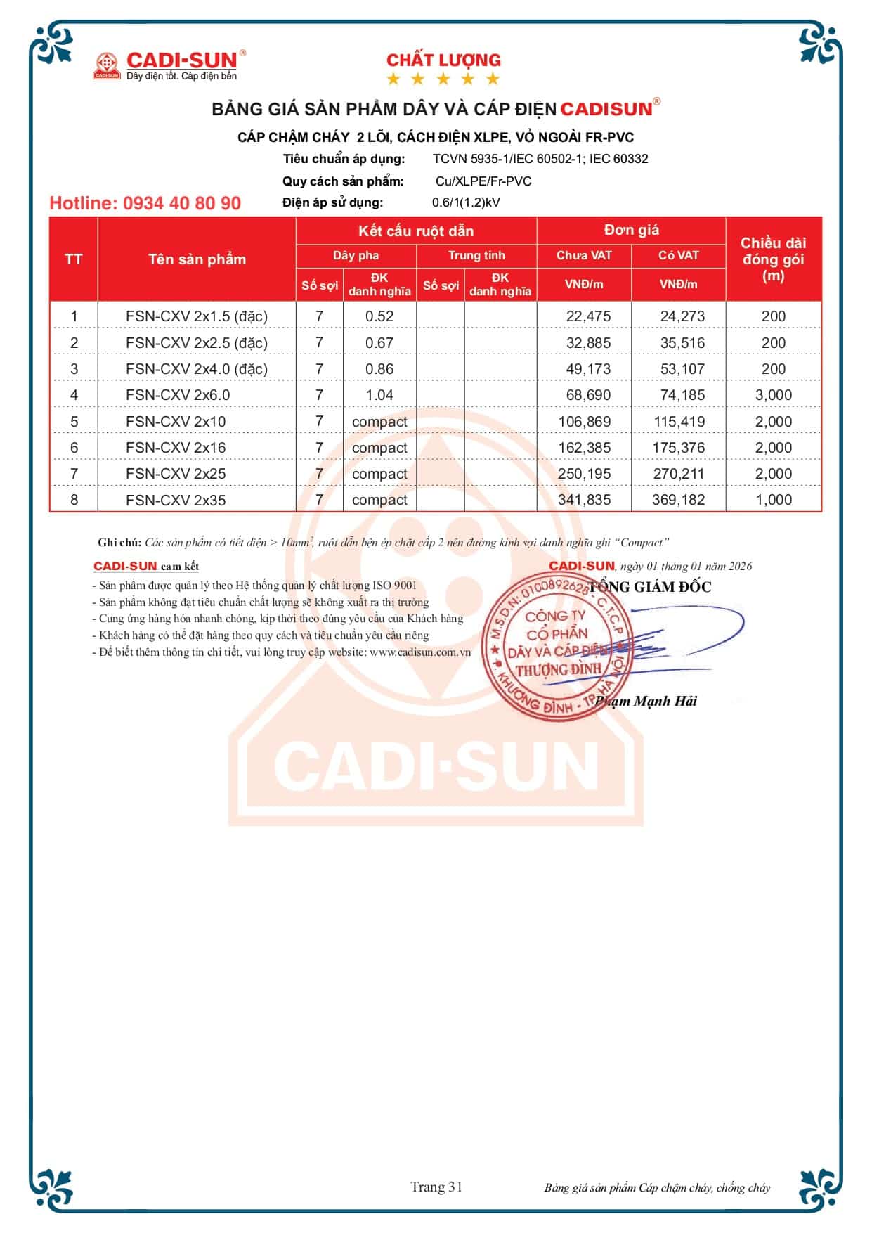 Bảng giá cáp chậm cháy Cadisun bọc cách điện PVC mã FSN-CXV 2026 Bảng giá cáp chậm cháy Cadisun bọc cách điện PVC mã FSN-CXV 2026