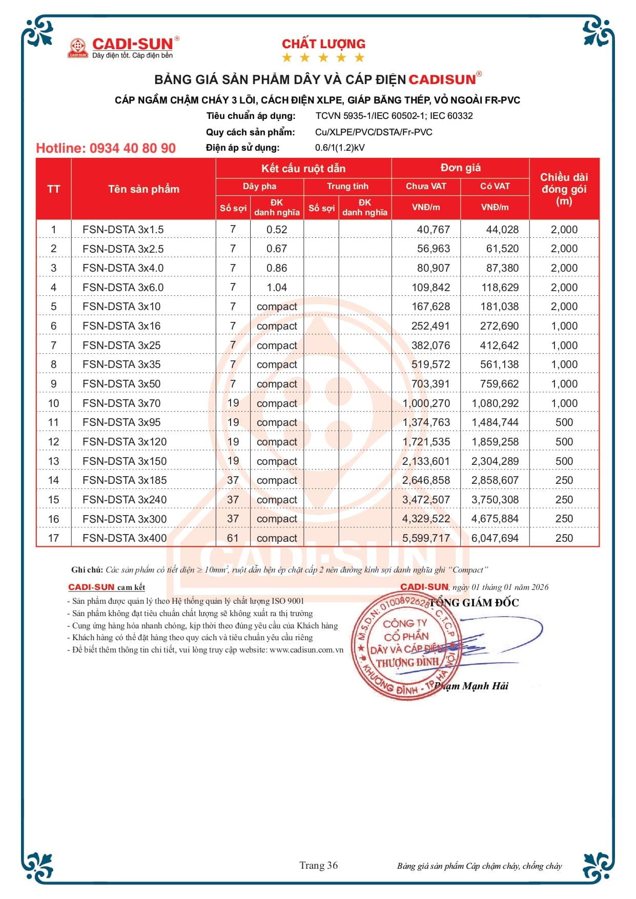 Bảng giá cáp chậm cháy Cadisun bọc cách điện XLPE mã FSN-DSTA Bảng giá cáp chậm cháy Cadisun bọc cách điện XLPE mã FSN-DSTA