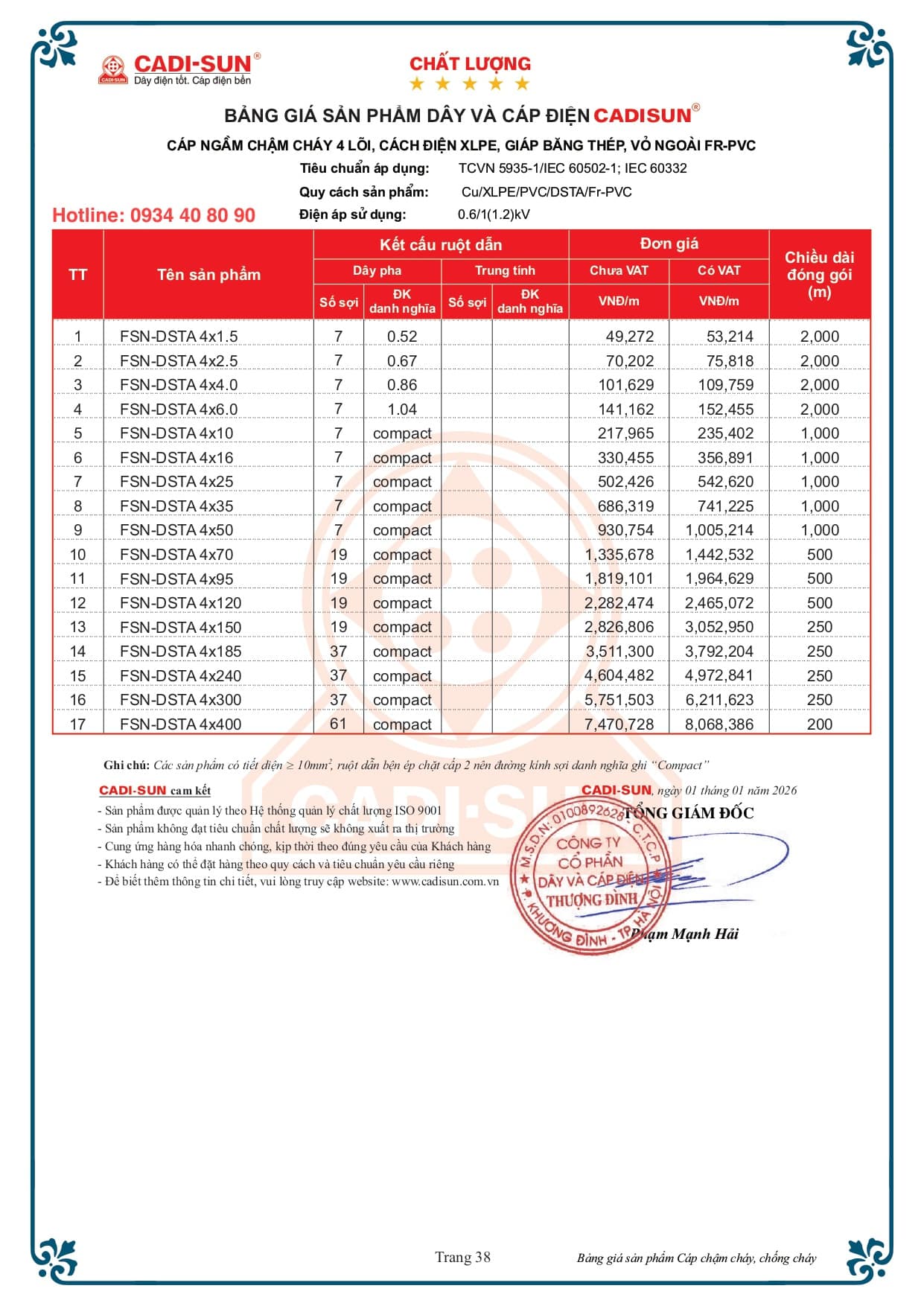 Bảng giá cáp chậm cháy Cadisun bọc cách điện XLPE mã FSN-DSTA Bảng giá cáp chậm cháy Cadisun bọc cách điện XLPE mã FSN-DSTA