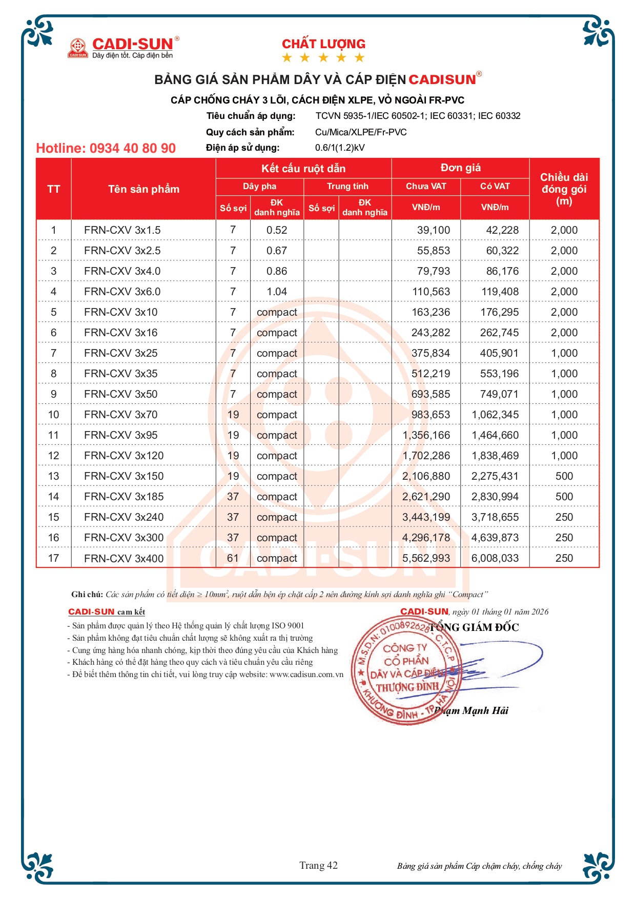 Bảng giá cáp chống cháy Cadisun FRN-CXV bọc cách điện XLPE 2026 Bảng giá cáp chống cháy Cadisun FRN-CXV bọc cách điện XLPE 2026