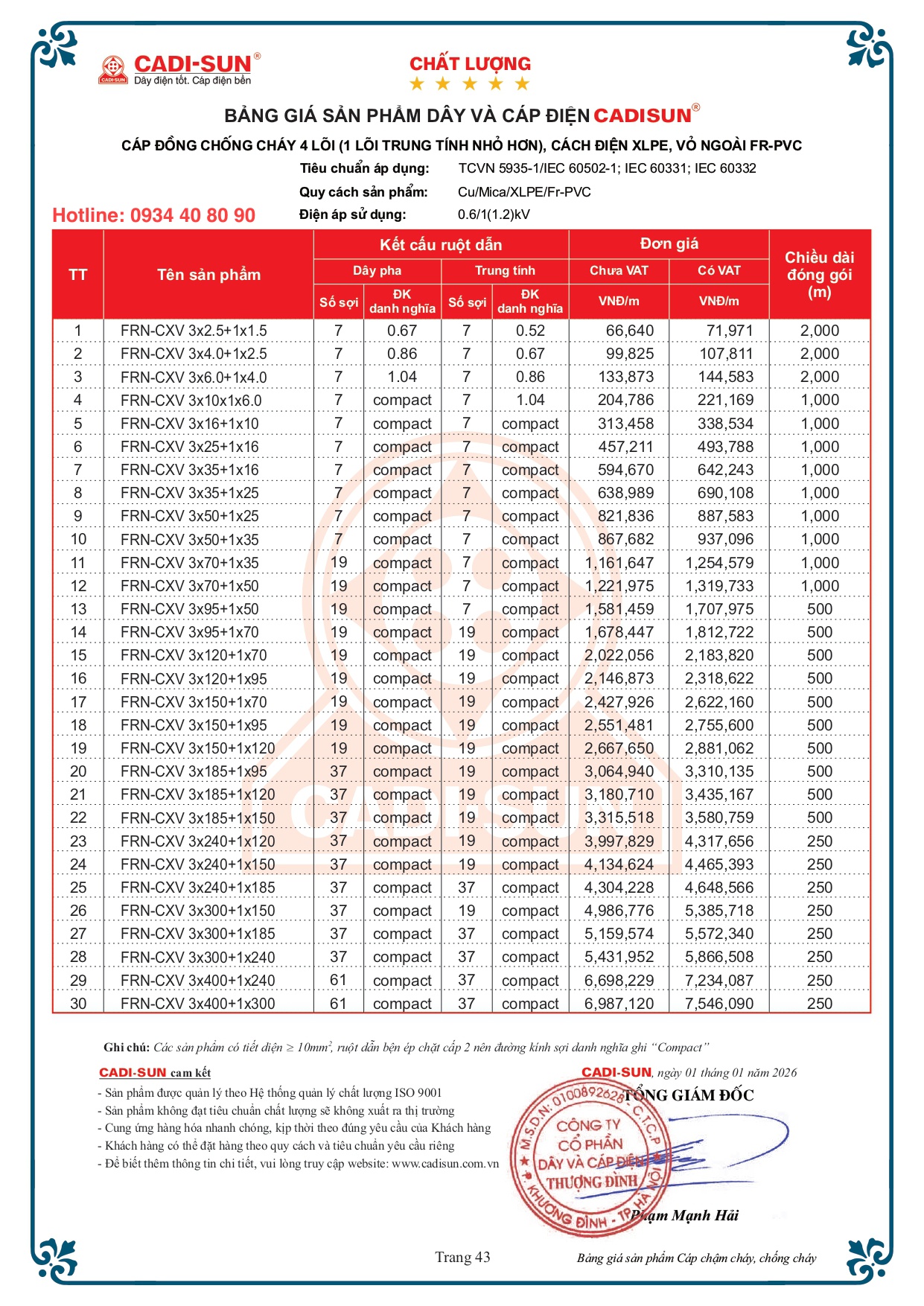 Bảng giá cáp chống cháy Cadisun FRN-CXV bọc cách điện XLPE 2026 Bảng giá cáp chống cháy Cadisun FRN-CXV bọc cách điện XLPE 2026