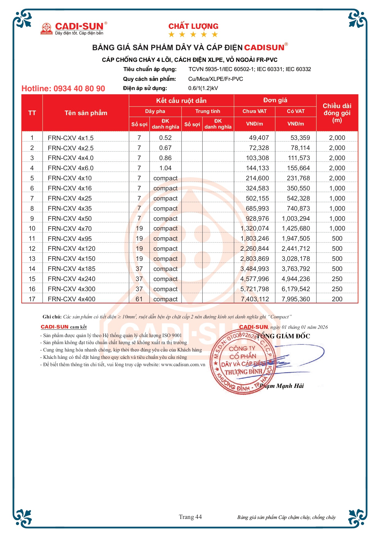 Bảng giá cáp chống cháy Cadisun FRN-CXV bọc cách điện XLPE 2026 Bảng giá cáp chống cháy Cadisun FRN-CXV bọc cách điện XLPE 2026