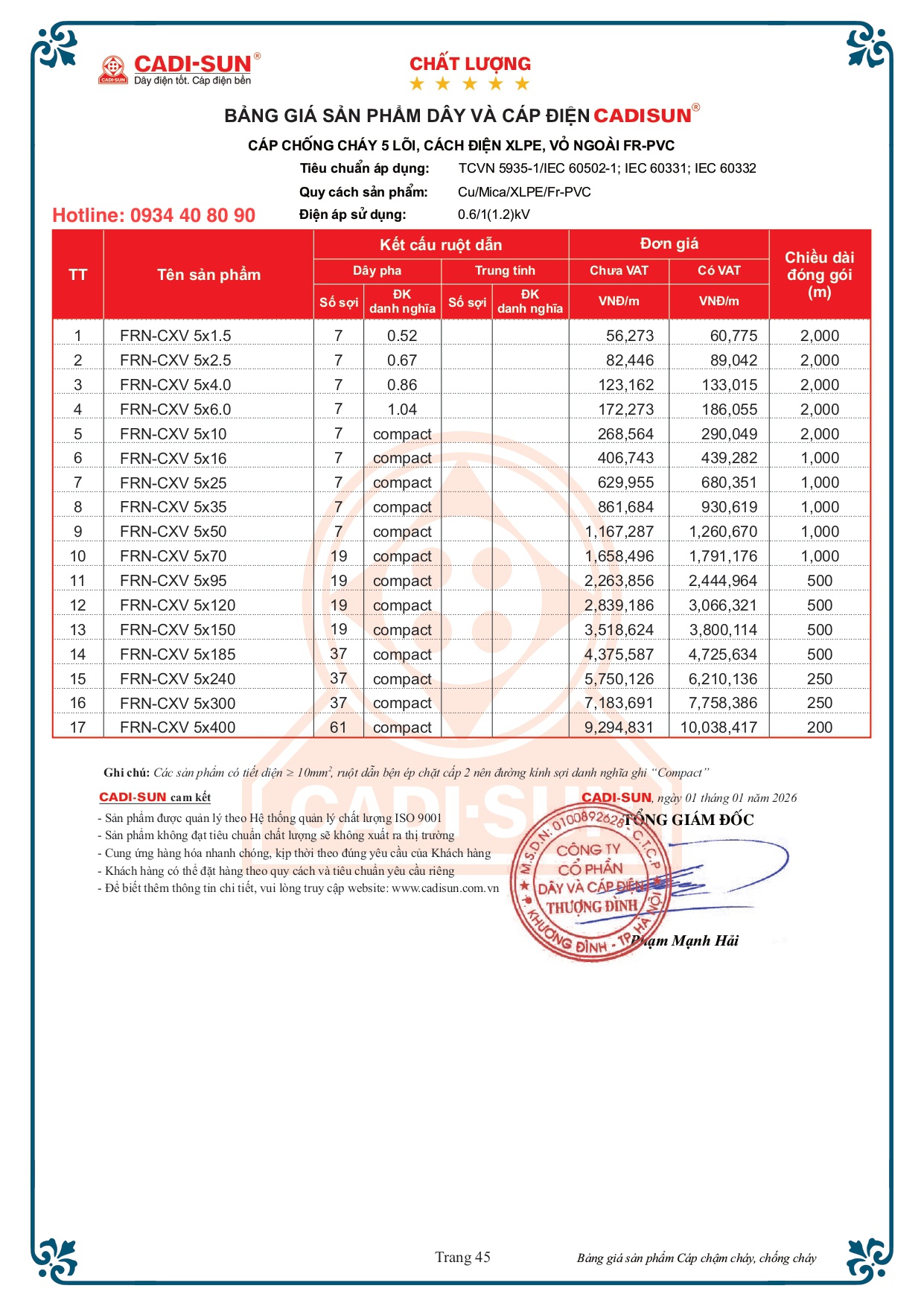 Bảng giá cáp chống cháy Cadisun FRN-CXV bọc cách điện XLPE 2026 Bảng giá cáp chống cháy Cadisun FRN-CXV bọc cách điện XLPE 2026
