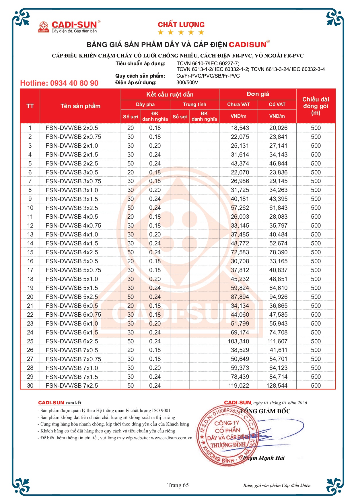 Bảng giá cáp điều khiển chậm cháy Cadisun có lưới chống nhiễu FSN-DVV:SB 2026 Bảng giá cáp điều khiển chậm cháy Cadisun có lưới chống nhiễu FSN-DVV:SB 2026