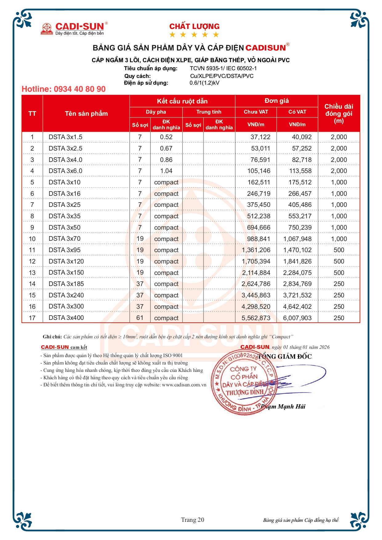 Bảng giá cáp đồng ngầm Cadisun nhiều ruột mã DSTA 2026 Bảng giá cáp đồng ngầm Cadisun nhiều ruột mã DSTA 2026