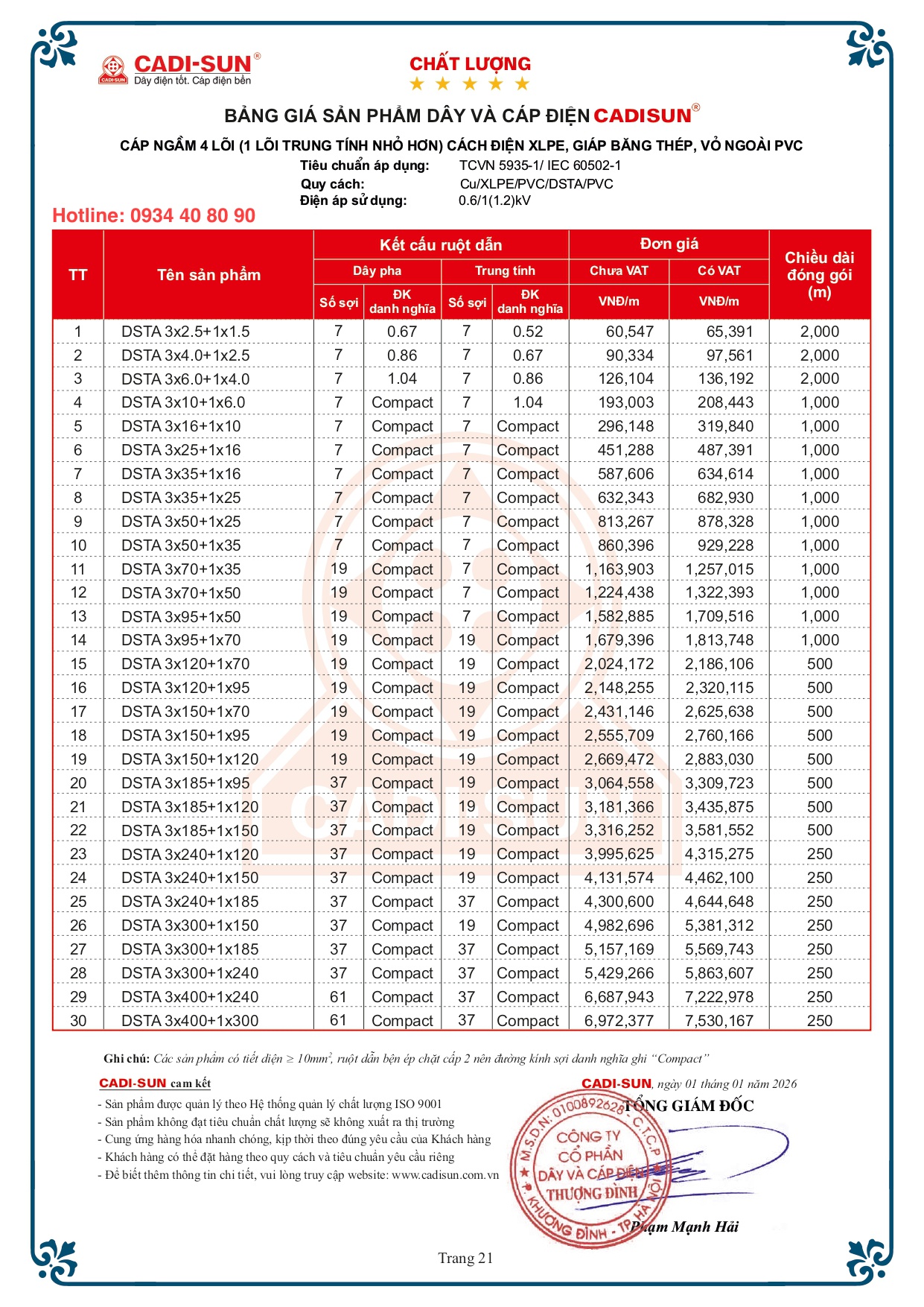Bảng giá cáp đồng ngầm Cadisun nhiều ruột mã DSTA 2026 Bảng giá cáp đồng ngầm Cadisun nhiều ruột mã DSTA 2026