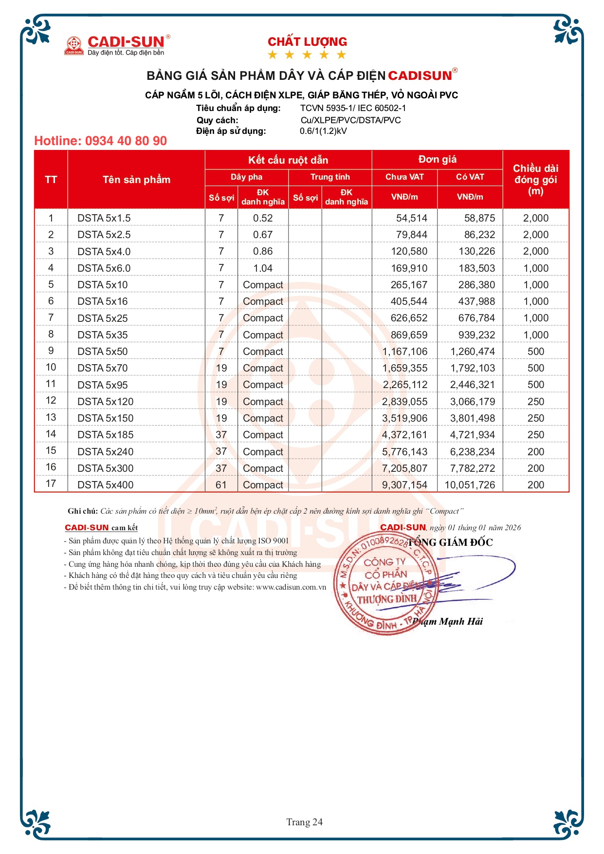 Bảng giá cáp đồng ngầm Cadisun nhiều ruột mã DSTA 2026 Bảng giá cáp đồng ngầm Cadisun nhiều ruột mã DSTA 2026