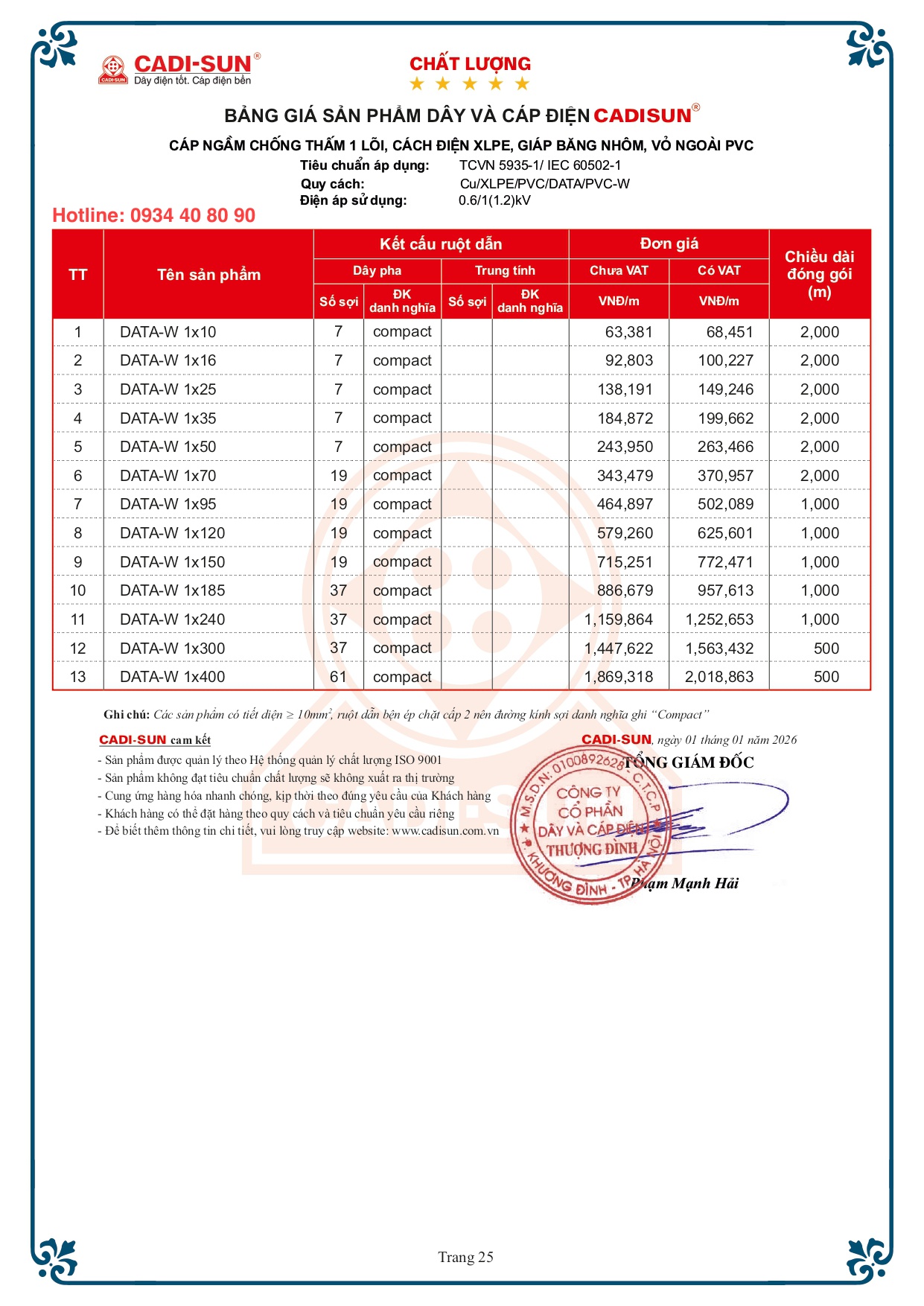 Bảng giá cáp đồng ngầm chống thấm Cadisun 1 ruột mã DATA-W 2026 Bảng giá cáp đồng ngầm chống thấm Cadisun 1 ruột mã DATA-W 2026