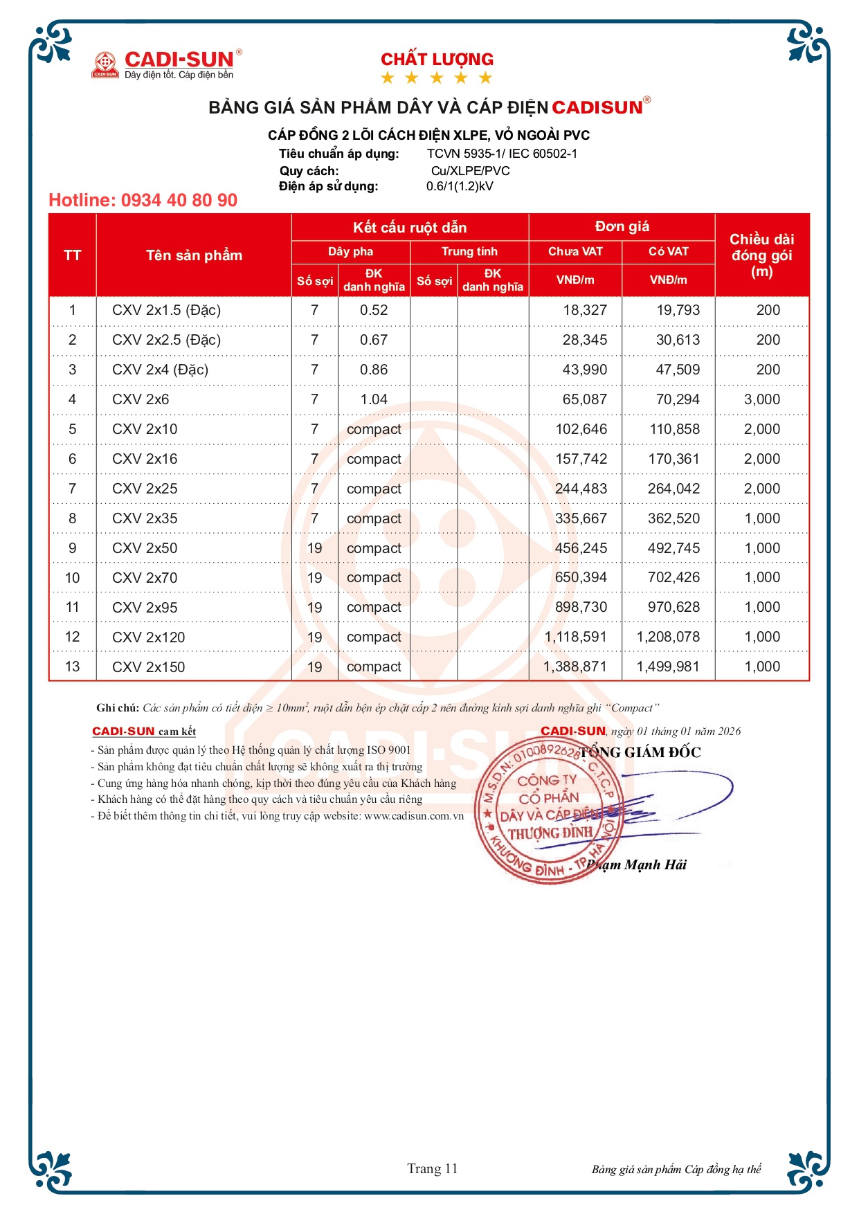 Bảng giá cáp đồng treo Cadisun bọc cách điện XLPE mã CXV -2026 Bảng giá cáp đồng treo Cadisun bọc cách điện XLPE mã CXV -2026