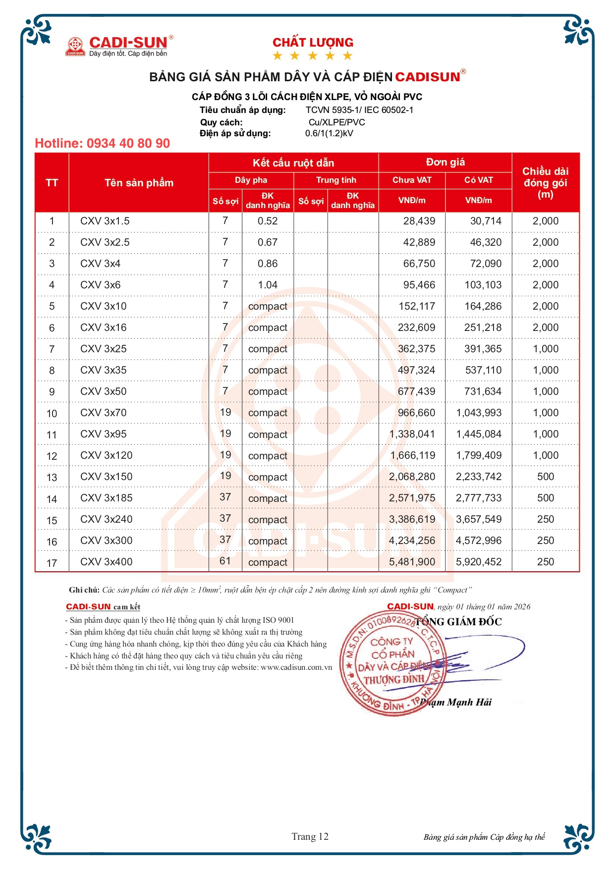 Bảng giá cáp đồng treo Cadisun bọc cách điện XLPE mã CXV -2026 Bảng giá cáp đồng treo Cadisun bọc cách điện XLPE mã CXV -2026