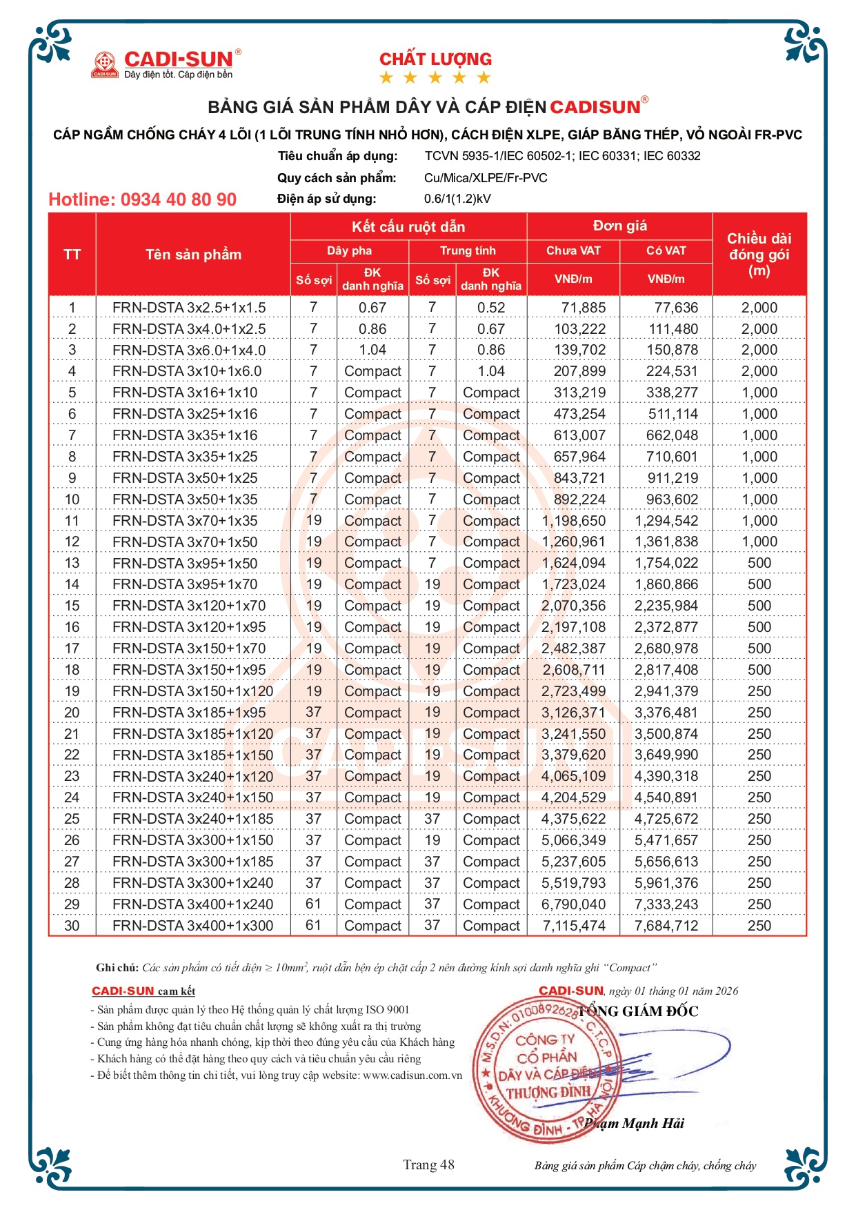 Bảng giá cáp ngầm chống cháy Cadisun FRN-DSTA bọc cách điện XLPE 2026 Bảng giá cáp ngầm chống cháy Cadisun FRN-DSTA bọc cách điện XLPE 2026