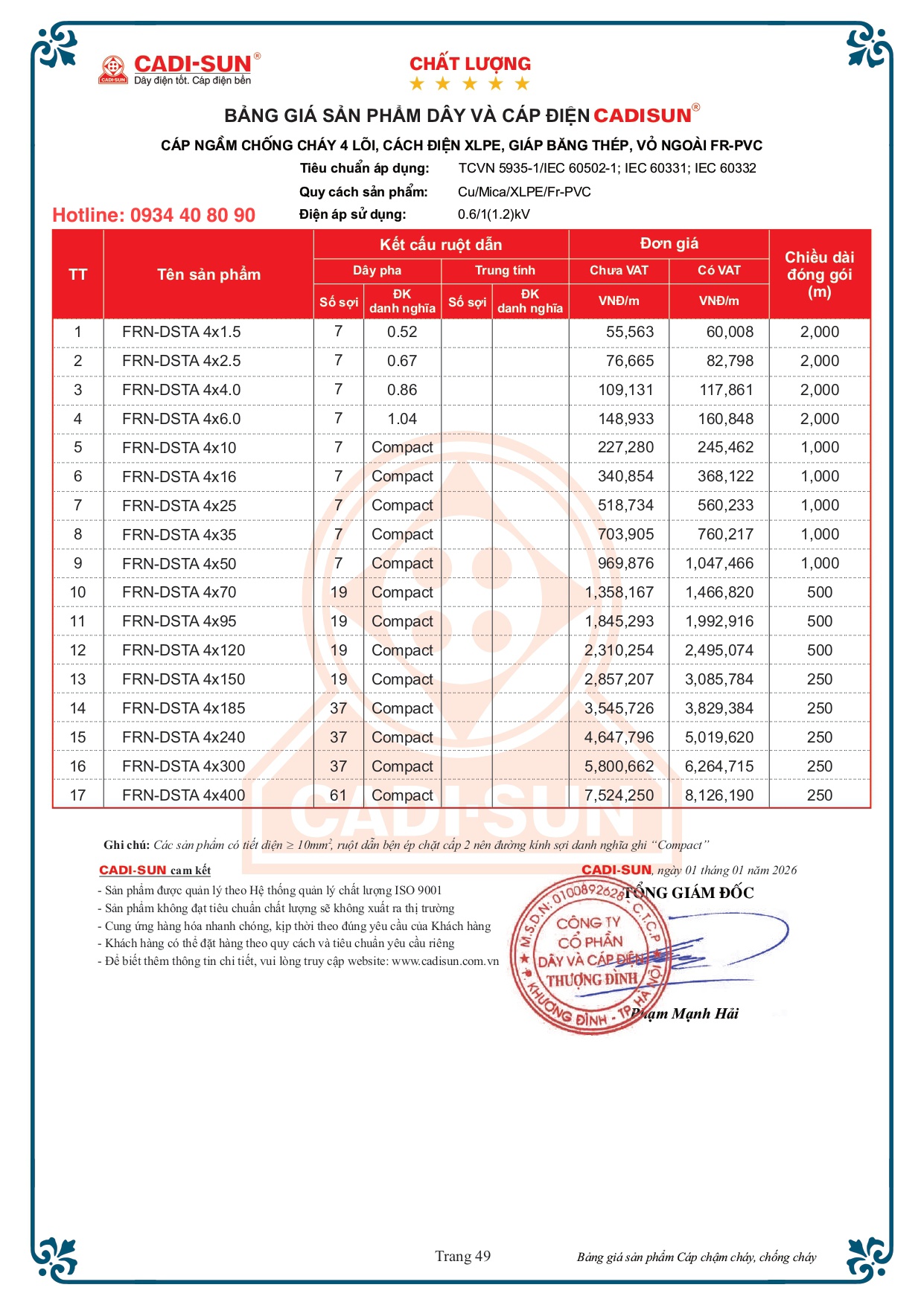 Bảng giá cáp ngầm chống cháy Cadisun FRN-DSTA bọc cách điện XLPE 2026 Bảng giá cáp ngầm chống cháy Cadisun FRN-DSTA bọc cách điện XLPE 2026