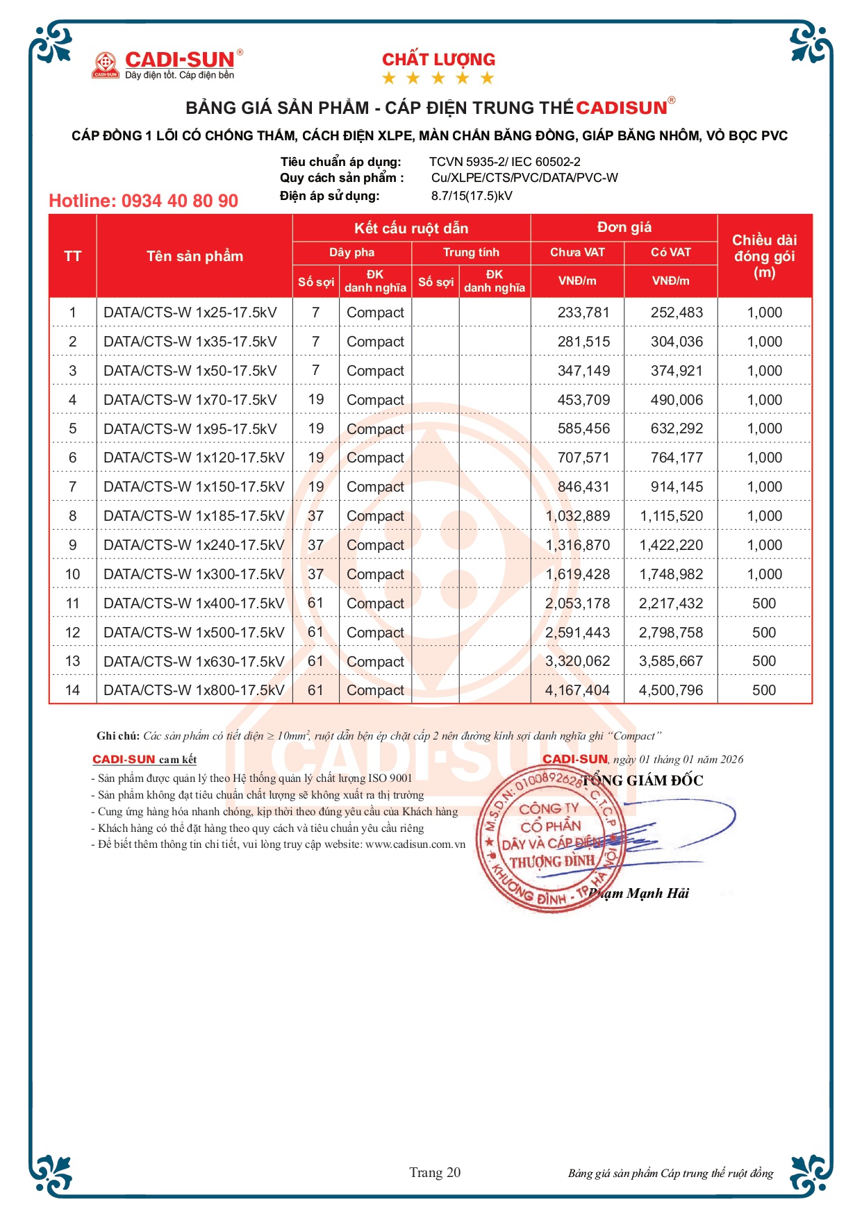 Bảng giá cáp trung thế Cadisun 1 lõi đồng mã DATA/CTS-W 17.5kV Bảng giá cáp trung thế Cadisun 1 lõi đồng mã DATA/CTS-W 17.5kV