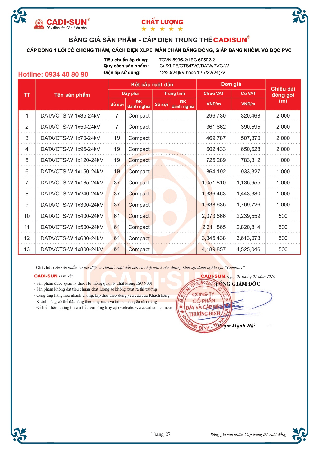 Bảng giá cáp trung thế Cadisun 1 lõi đồng mã DATA/CTS-W 24kV Bảng giá cáp trung thế Cadisun 1 lõi đồng mã DATA/CTS-W 24kV