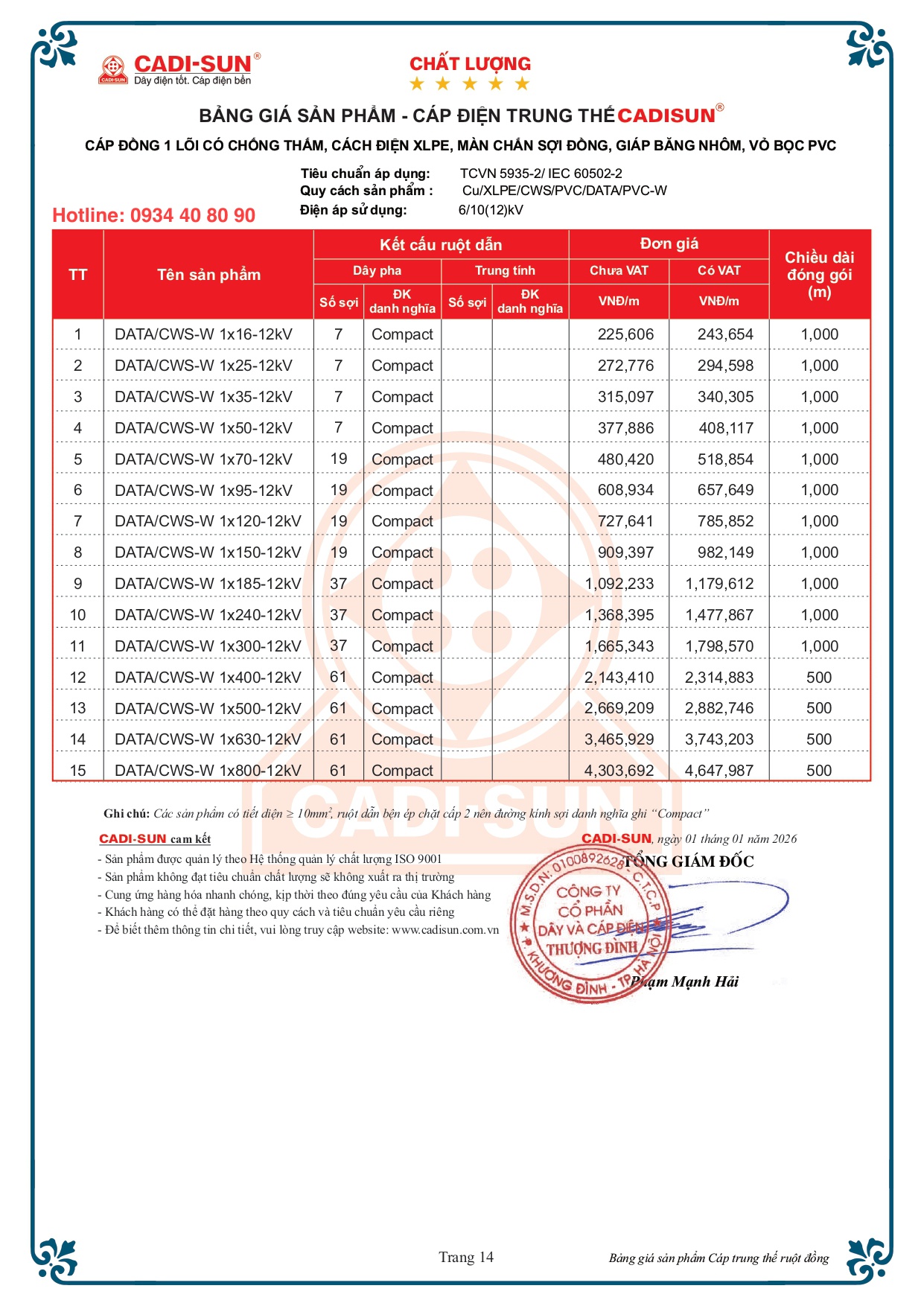 Bảng giá cáp trung thế Cadisun 1 lõi đồng mã DATA/CWS-W 12kV Bảng giá cáp trung thế Cadisun 1 lõi đồng mã DATA/CWS-W 12kV