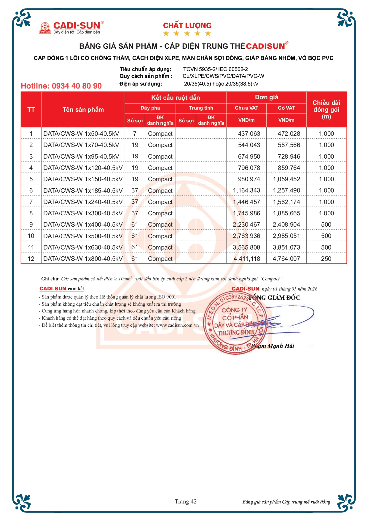Bảng giá cáp trung thế Cadisun 1 lõi đồng mã DATA/CWS-W 40.5kV Bảng giá cáp trung thế Cadisun 1 lõi đồng mã DATA/CWS-W 40.5kV