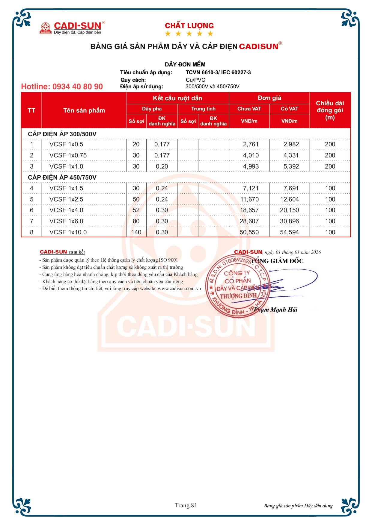 Bảng giá dây Cadisun đơn mềm VCSF 2026